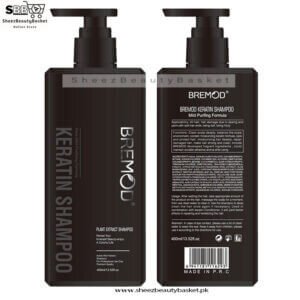 Bremod-Keratin-Shampoo,a black bottle with keratin-infused formula for strong and shiny hair.